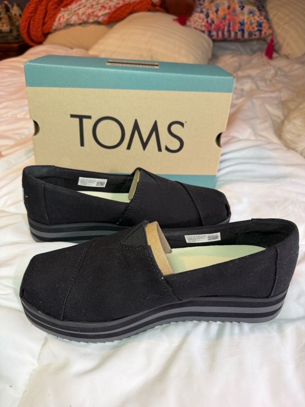 TOMS Black Canvas Slip-On Platform Moccasins